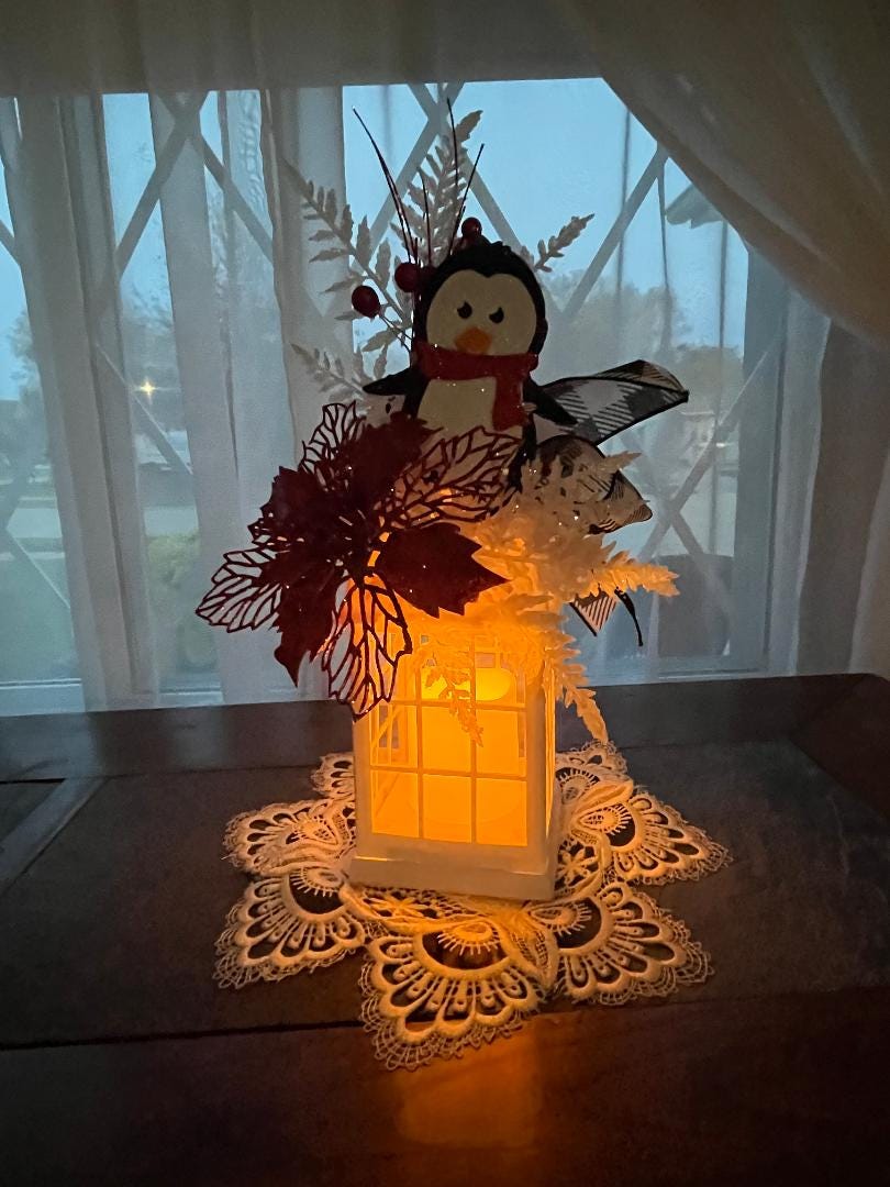 Christmas Lantern: Flickering Candle, Poinsettia Decor, penguin