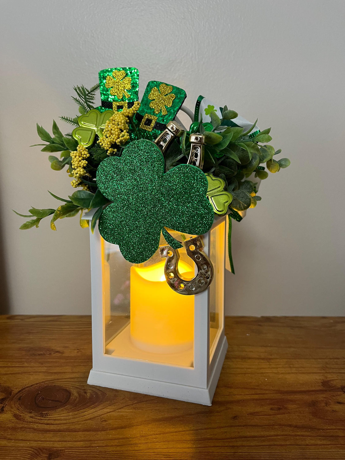 St. Patrick's Day Lantern, indoor decorated, greenery, shamrock