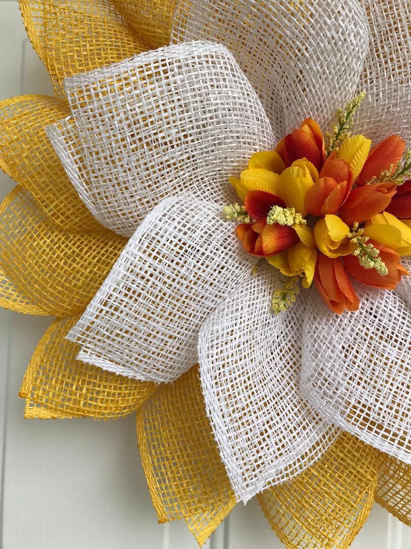 Handmade Spring Petal Wreath – Bright Yellow Burlap & Silk Tulips Door Décor
