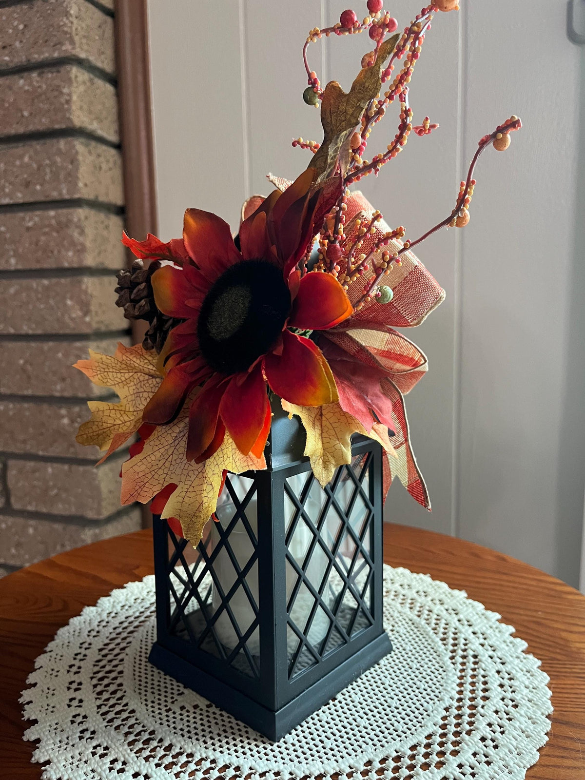 Fall Decorated Lantern: Faux Sunflower, Pine Cone, Flickering Light