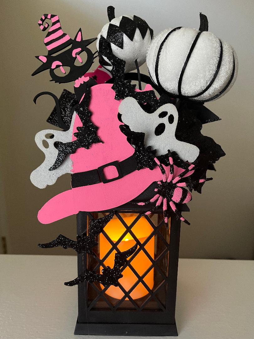 Decorated Halloween Lantern: Pink Witch Hat, Cat & Flameless Candle