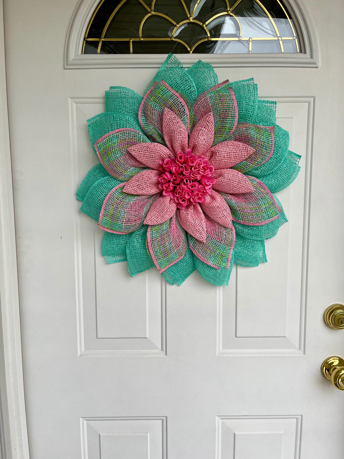 spring wreath, summer, flower petal wreath.  pink and aqua, rosebuds