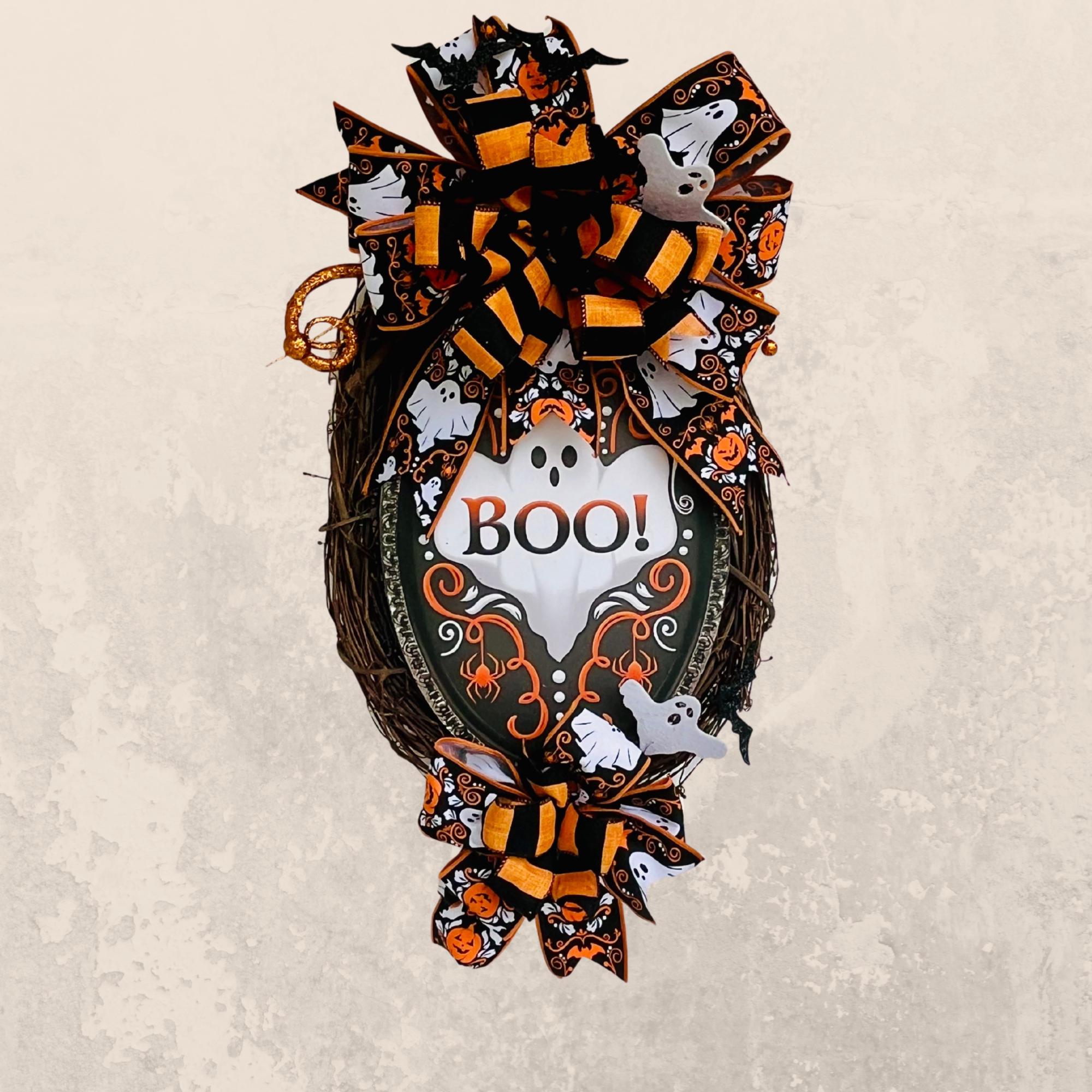 Handmade Halloween Grapevine Wreath – BOO Ghost Sign, Orange & Black Bats, Front Door Decor