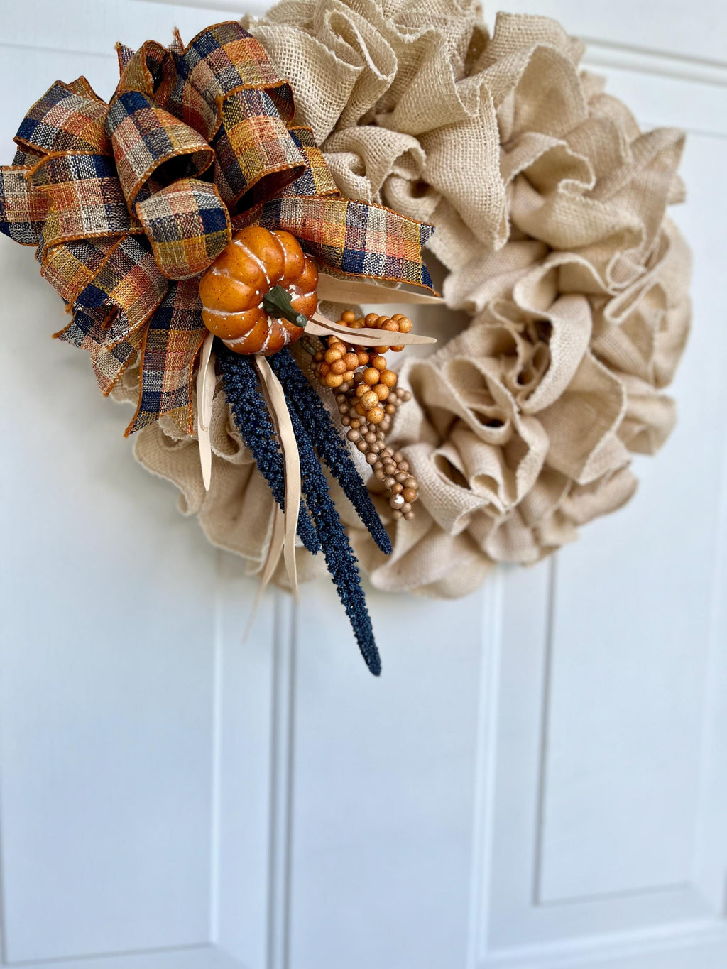 Fall Burlap Ruffled Wreath – Blue, Orange & White Ribbon with Berries, Pumpkin & Flowers