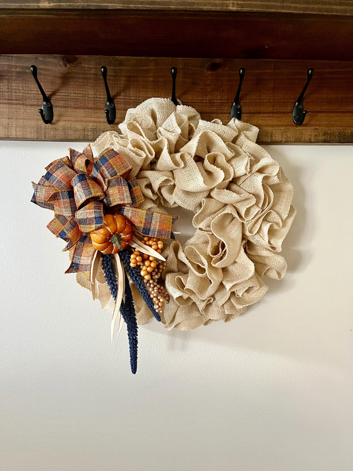 Fall Burlap Ruffled Wreath – Blue, Orange & White Ribbon with Berries, Pumpkin & Flowers