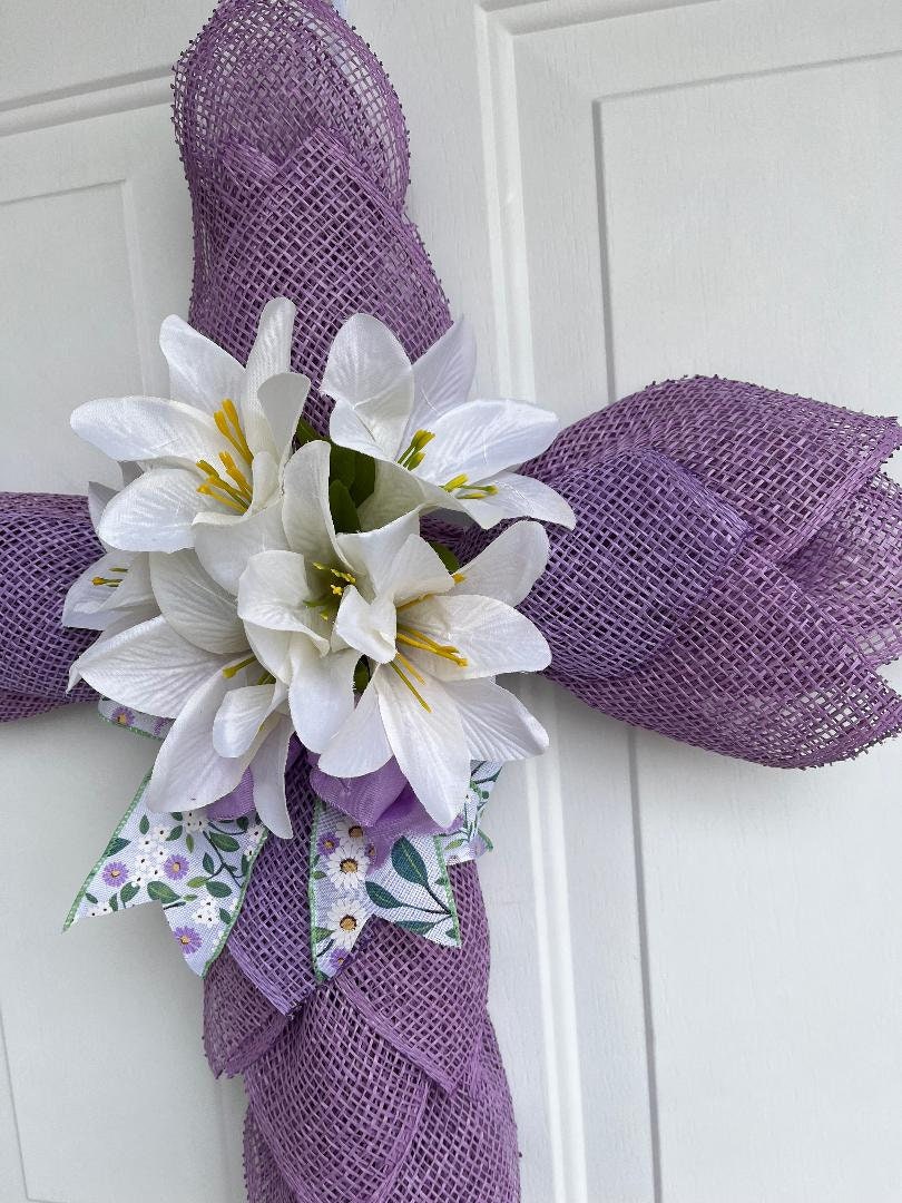 Handmade Easter Cross Wreath – Lavender Burlap, Silk Lilies & Religious Spring Décor
