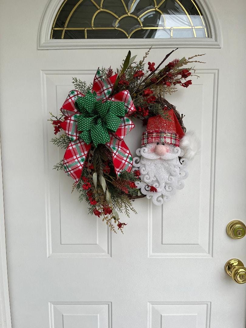 Handmade Santa Face Christmas Door Wreath – Faux Greenery, Holly Berries & Festive Bow