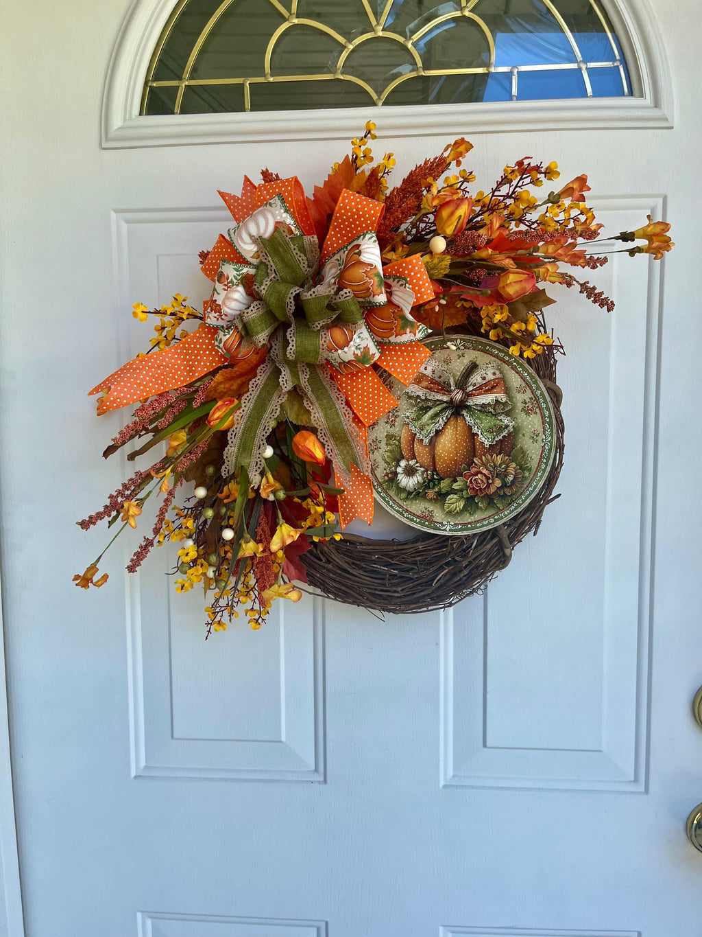 Handmade Fall Grapevine Wreath – 20 Inch Metal Pumpkin Sign, Orange & Rust Flowers, Autumn Front Door Decor