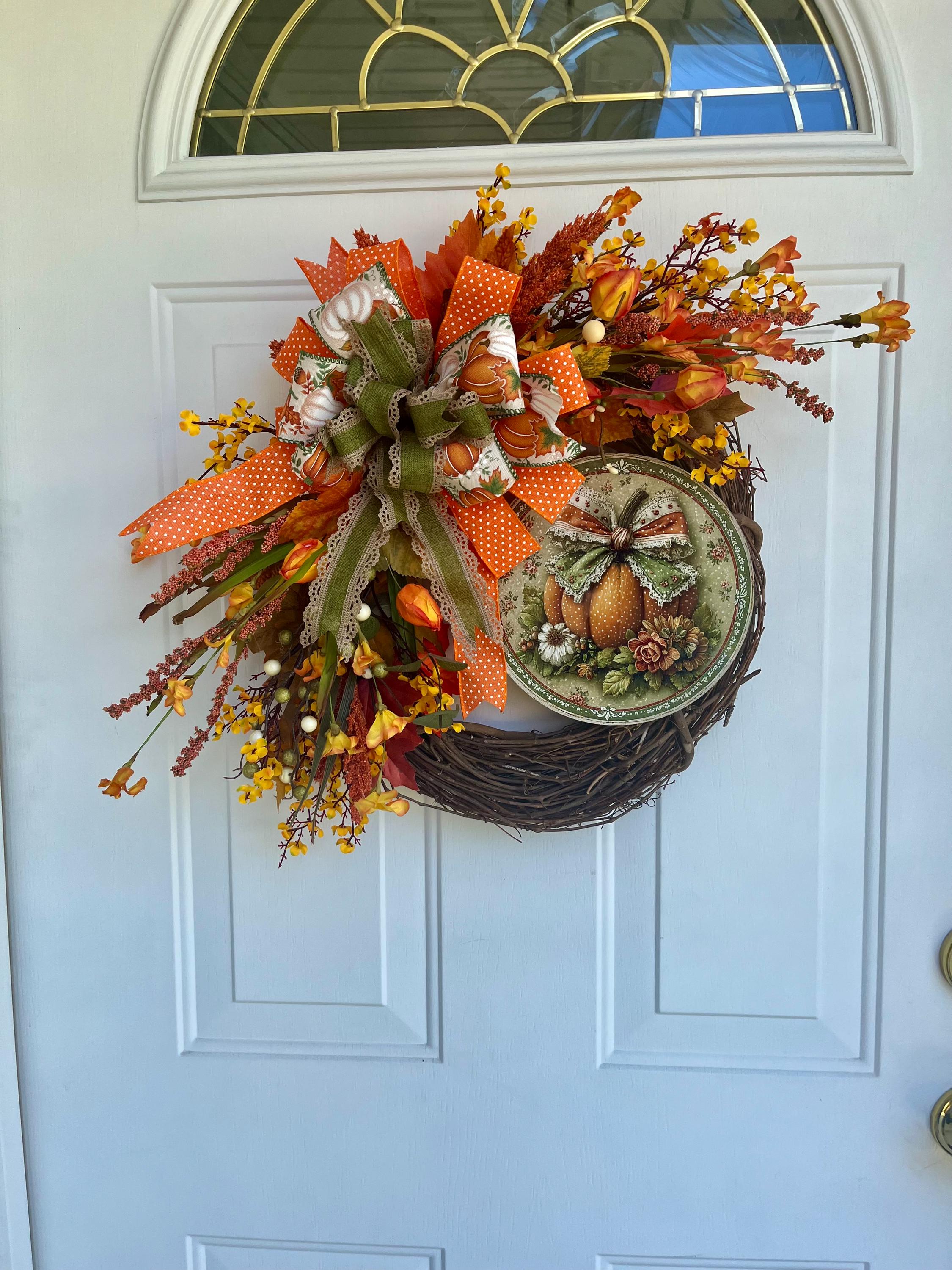 Handmade Fall Grapevine Wreath – 20 Inch Metal Pumpkin Sign, Orange & Rust Flowers, Autumn Front Door Decor