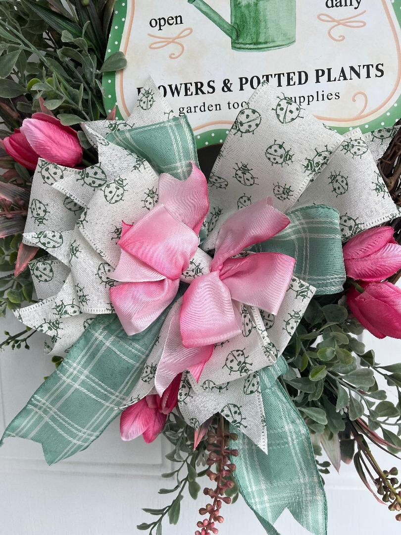 Handmade Flower Market Wreath – Pink Roses & Aqua Grapevine Door Décor