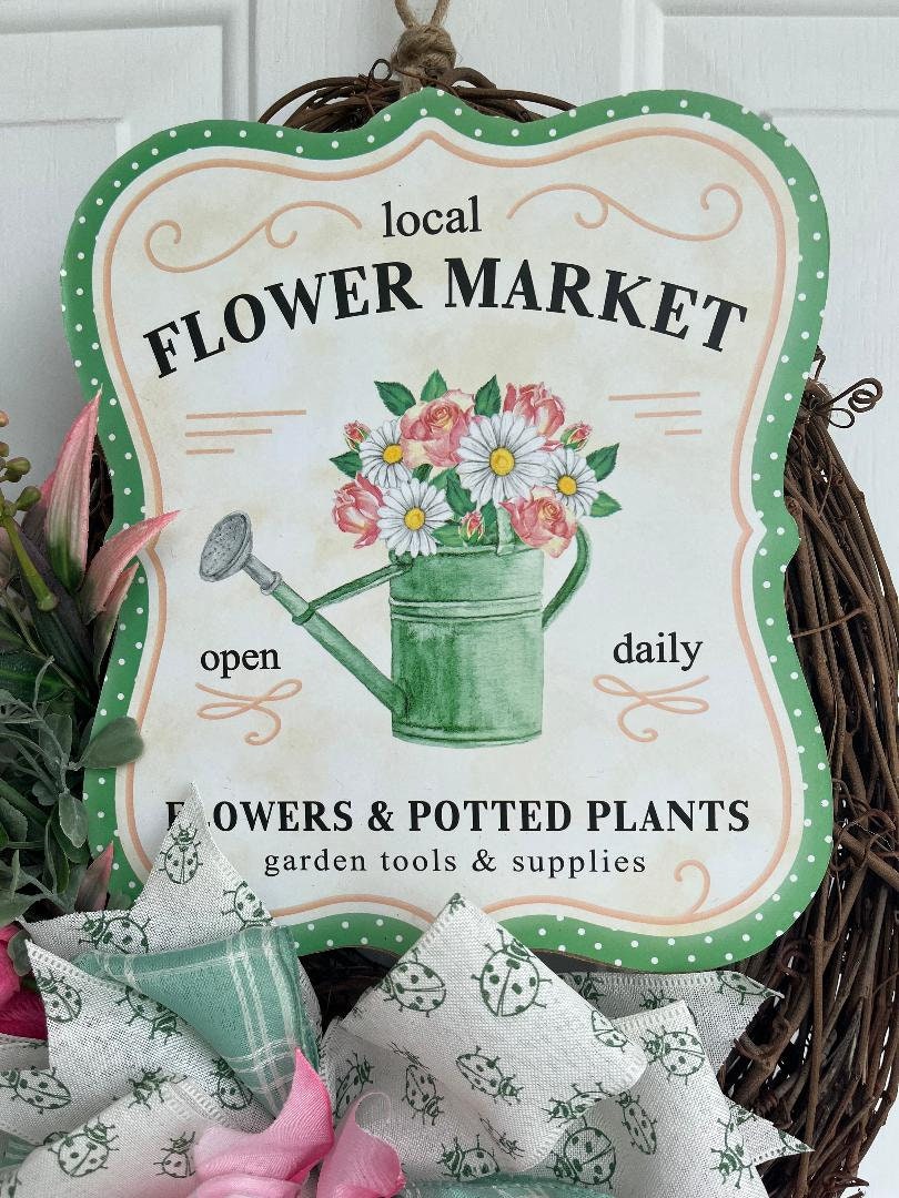 Handmade Flower Market Wreath – Pink Roses & Aqua Grapevine Door Décor