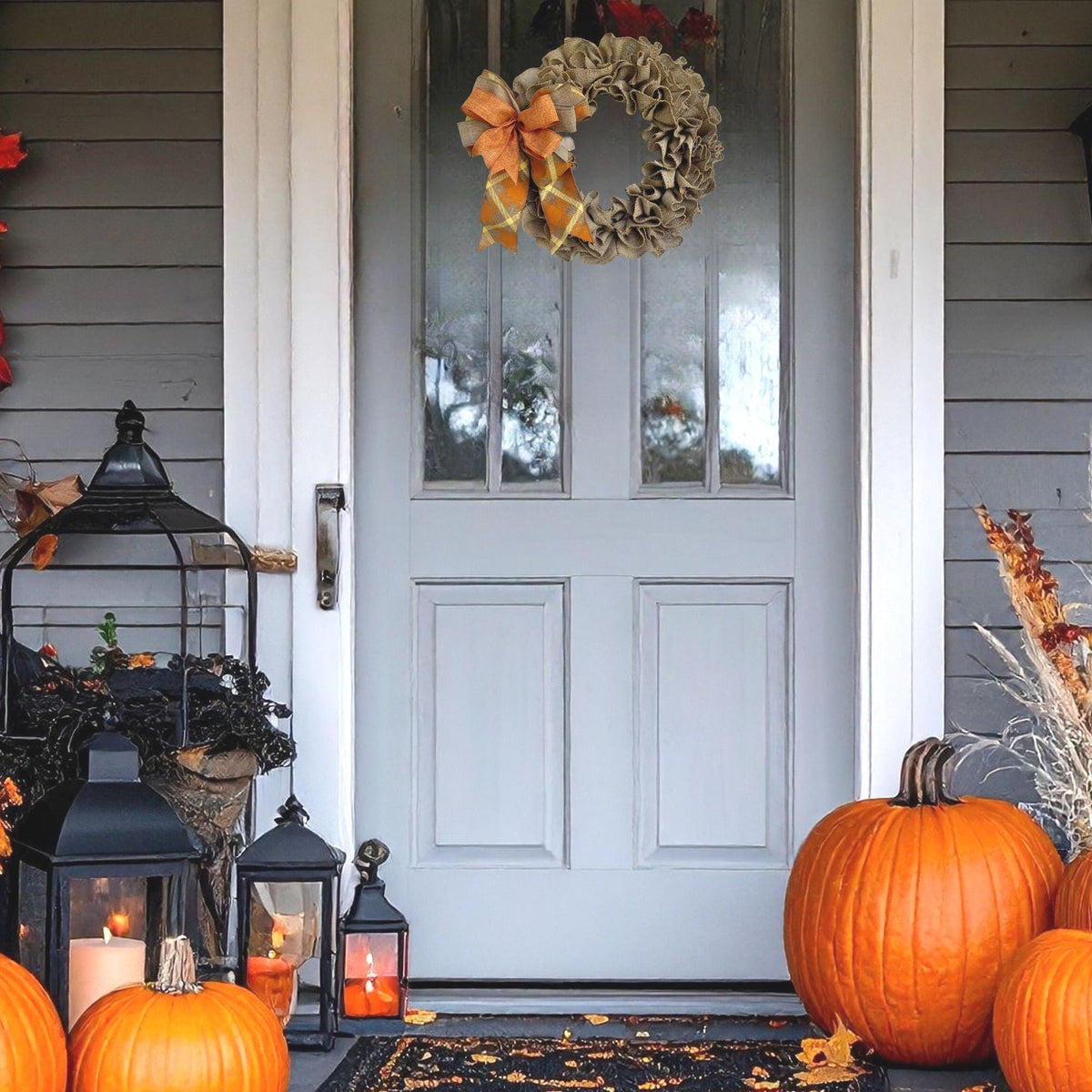 Fall Burlap Door Wreath | Orange & Beige Bow | Rustic Autumn Door Decor
