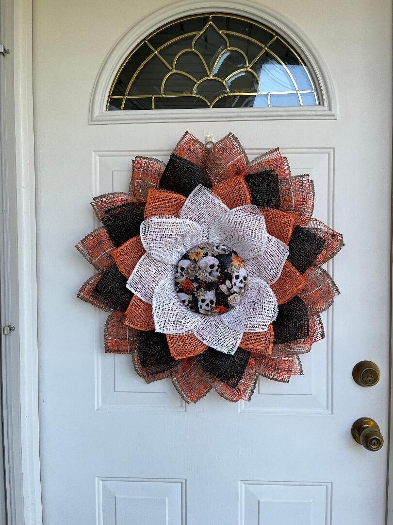 Handmade Large Halloween Door Wreath – Orange & Black Poly Burlap with Skeleton Centerpiece