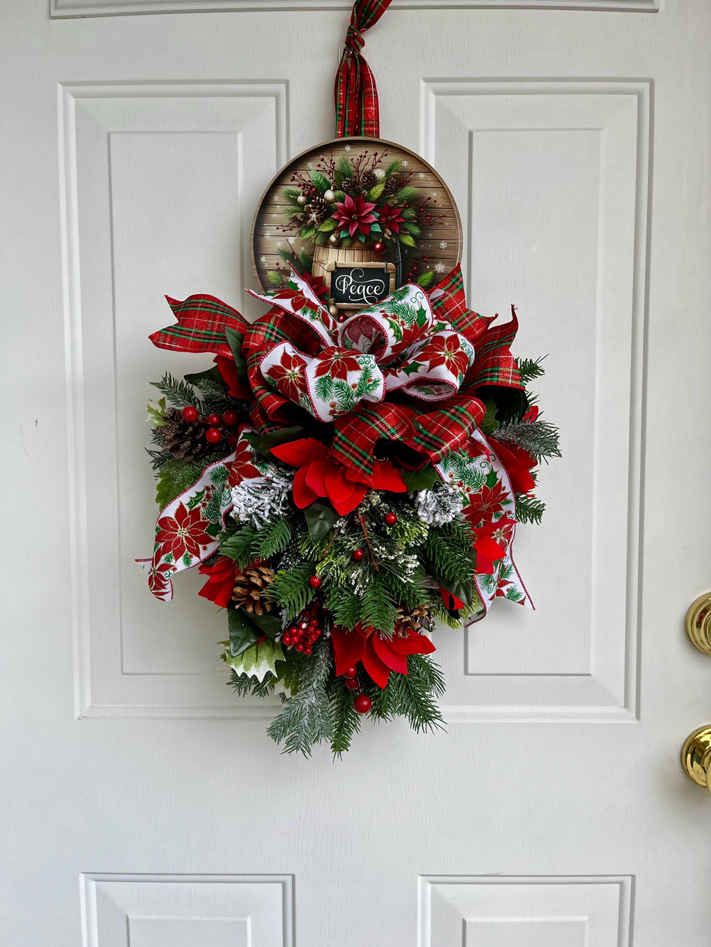 Christmas Door Swag – Poinsettia Arrangement & "Peace" Sign