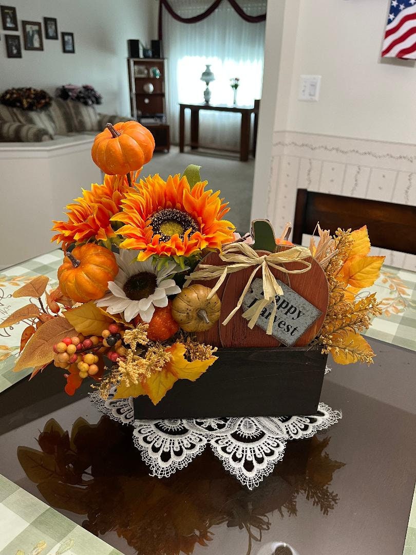 Handmade Fall Floral Centerpiece – Faux Sunflower & Pumpkin Arrangement, Wooden Box, Happy Harvest Thanksgiving Table Decor