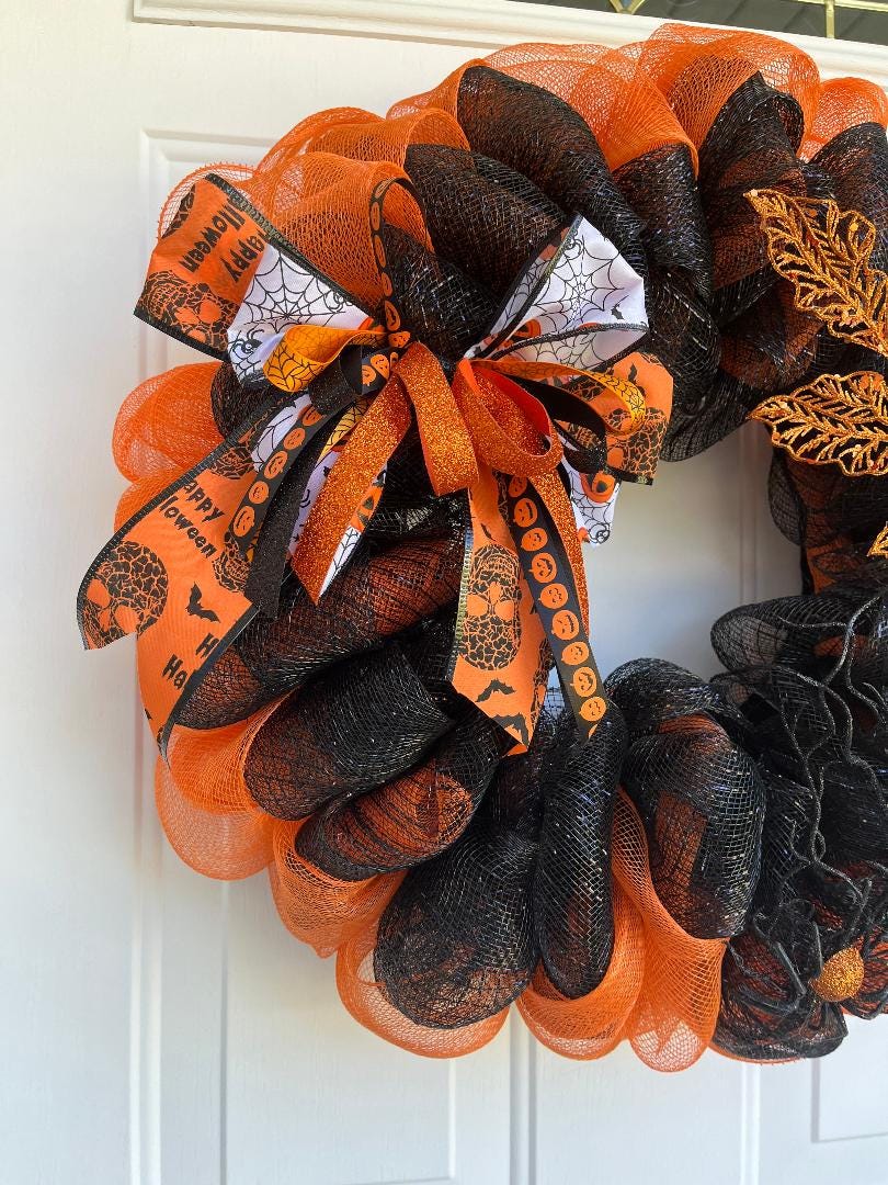 Large Handmade Halloween Deco Mesh Wreath – Orange & Black with Multicolor Bow, Front Door Decor