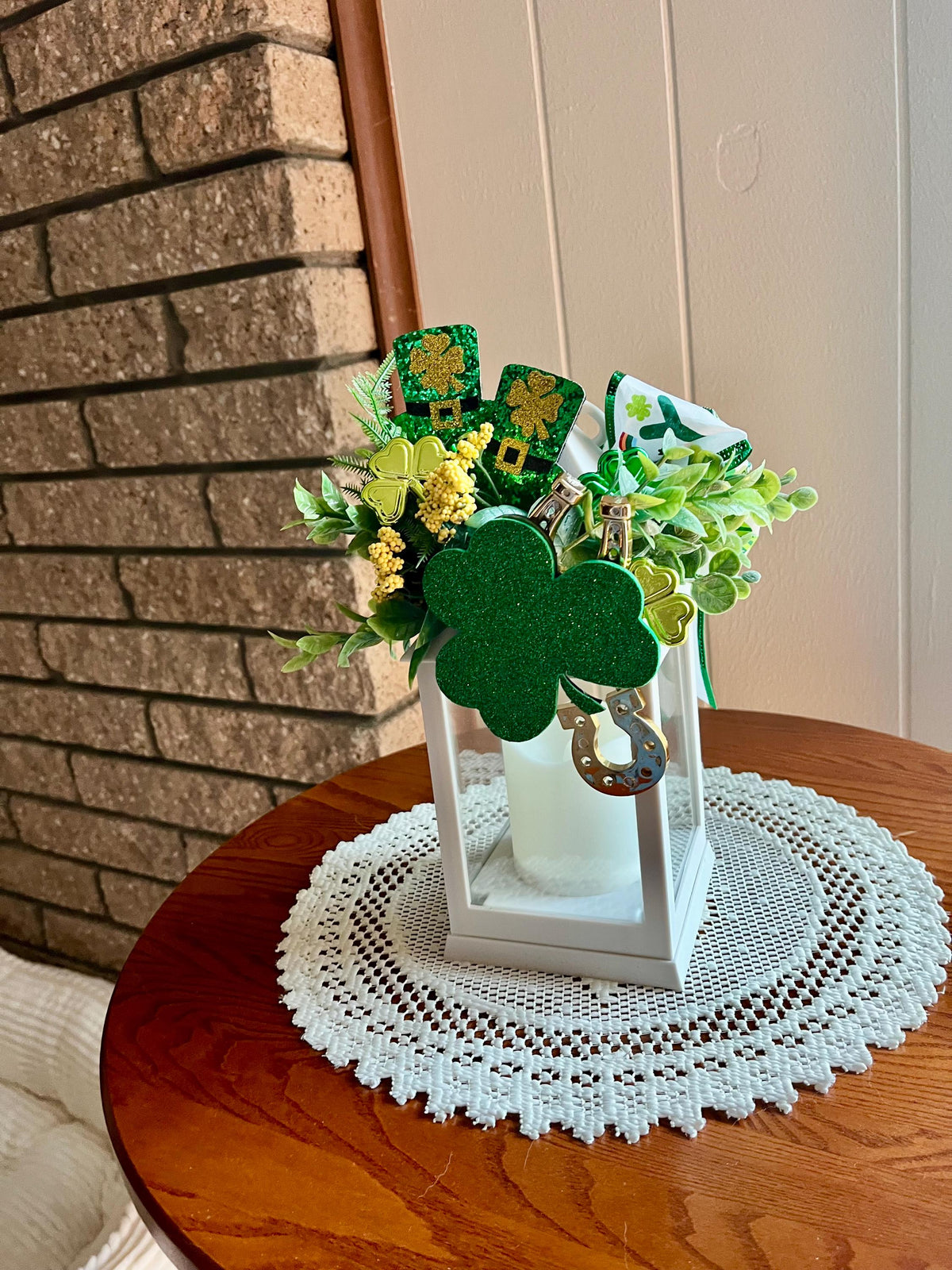 St. Patrick's Day Lantern, indoor decorated, greenery, shamrock