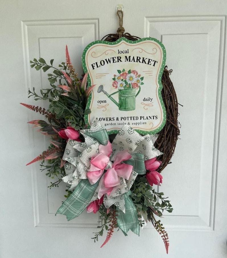 Handmade Flower Market Wreath – Pink Roses & Aqua Grapevine Door Décor