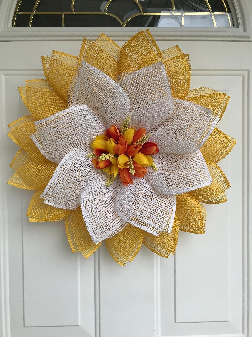 Handmade Spring Petal Wreath – Bright Yellow Burlap & Silk Tulips Door Décor