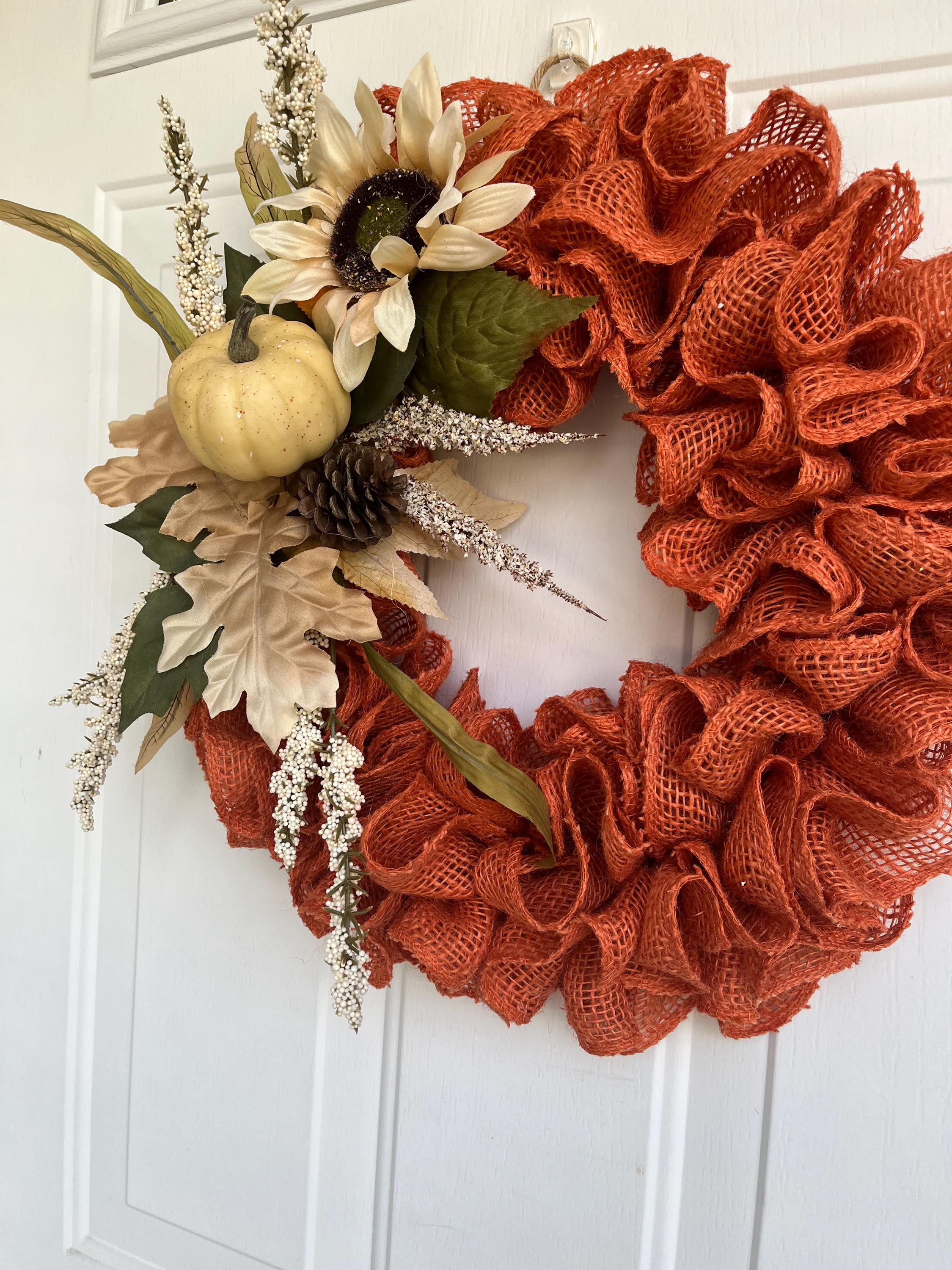 Ruffled burlap orange wreath, Rustic Autumn Door Decor