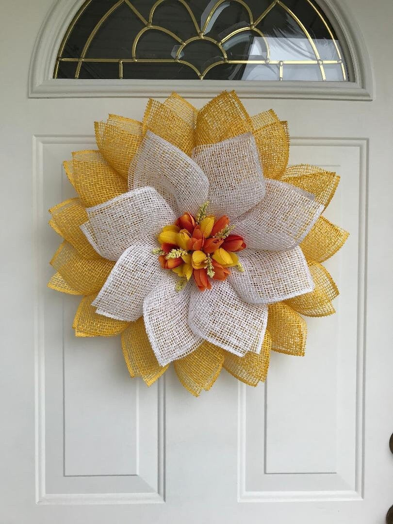 Handmade Spring Petal Wreath – Bright Yellow Burlap & Silk Tulips Door Décor