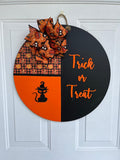 Halloween Door Hanger: Wood Trick or Treat Sign with Black Cat