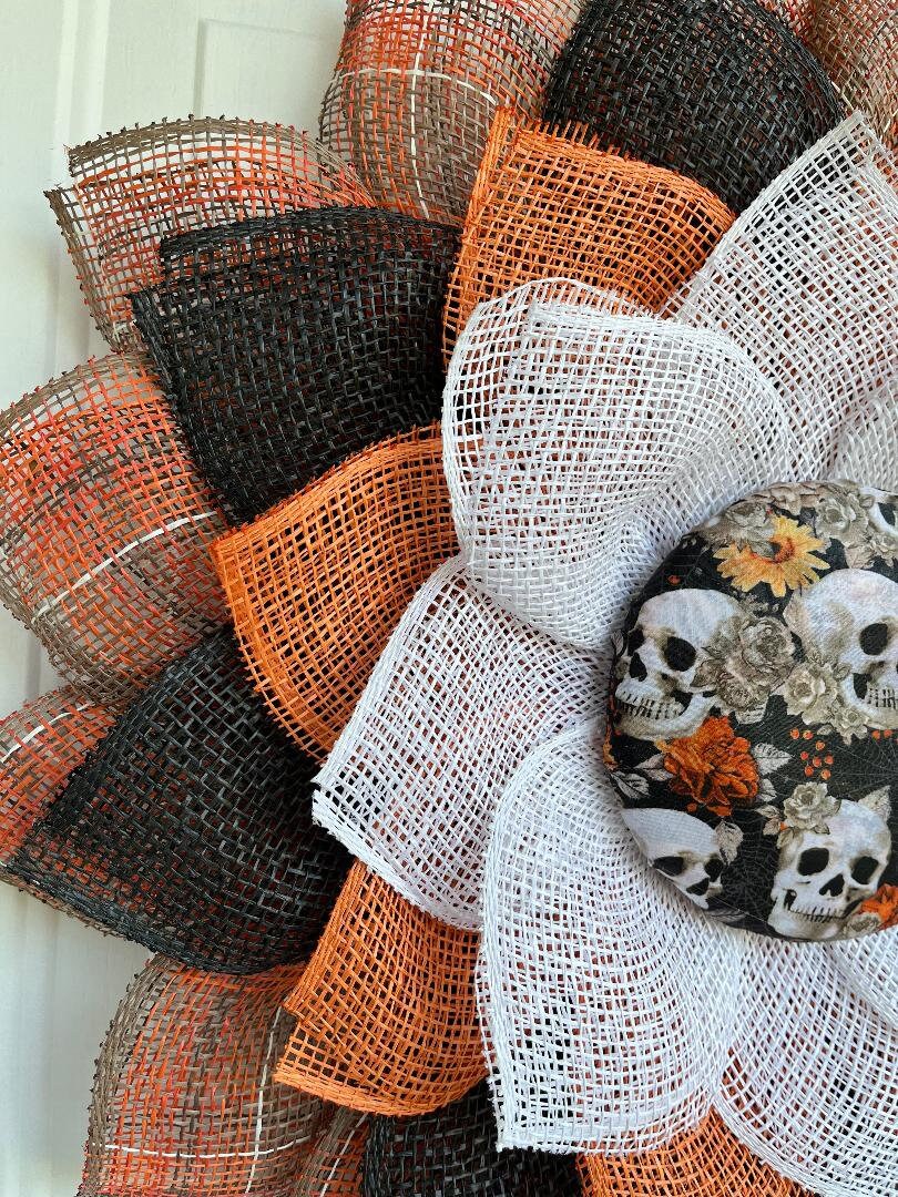 Handmade Large Halloween Door Wreath – Orange & Black Poly Burlap with Skeleton Centerpiece