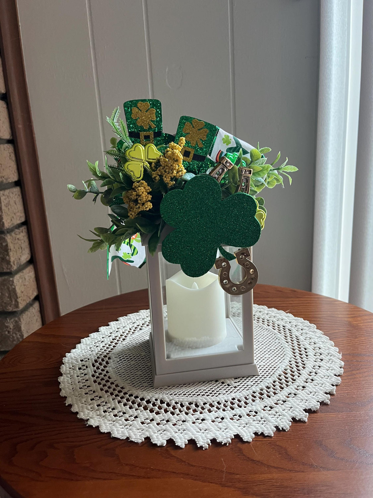 St. Patrick's Day Lantern, indoor decorated, greenery, shamrock