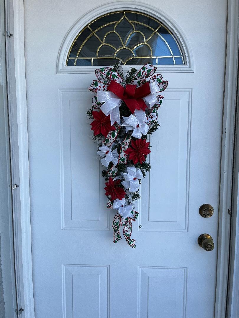 Christmas Door Swag: Red Poinsettia, White Bow Decor