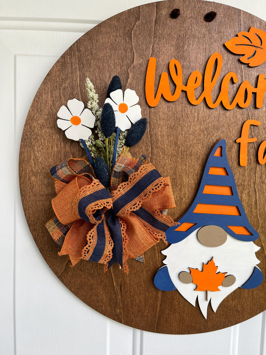 Handmade Welcome Fall Wood Door Hanger – Gnome, Fall Leaves & Flowers, Stained Plywood Sign