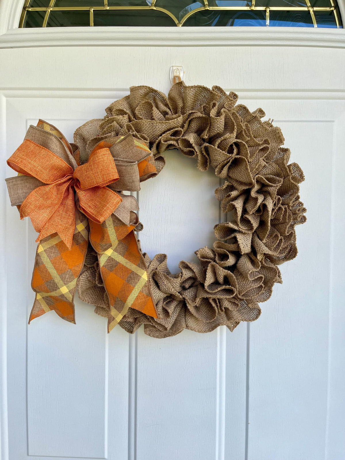 Fall Burlap Door Wreath | Orange & Beige Bow | Rustic Autumn Door Decor