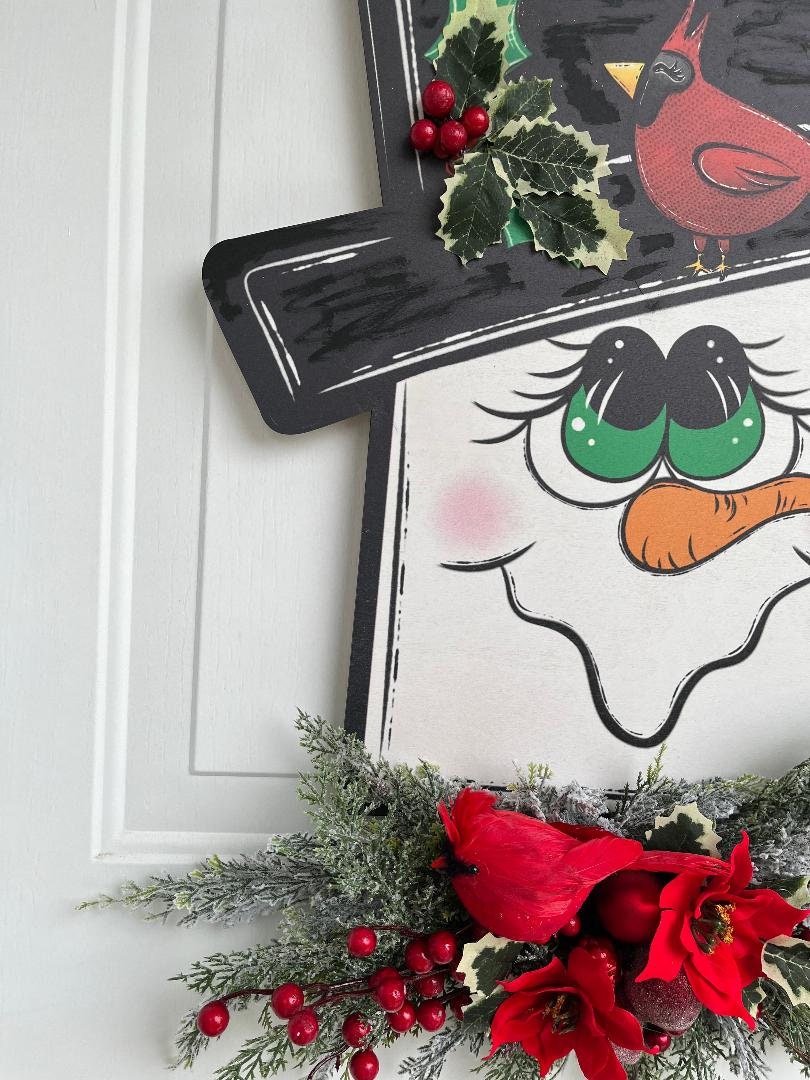 Snowman Christmas Door Sign: Holiday Cardinal Winter Decor