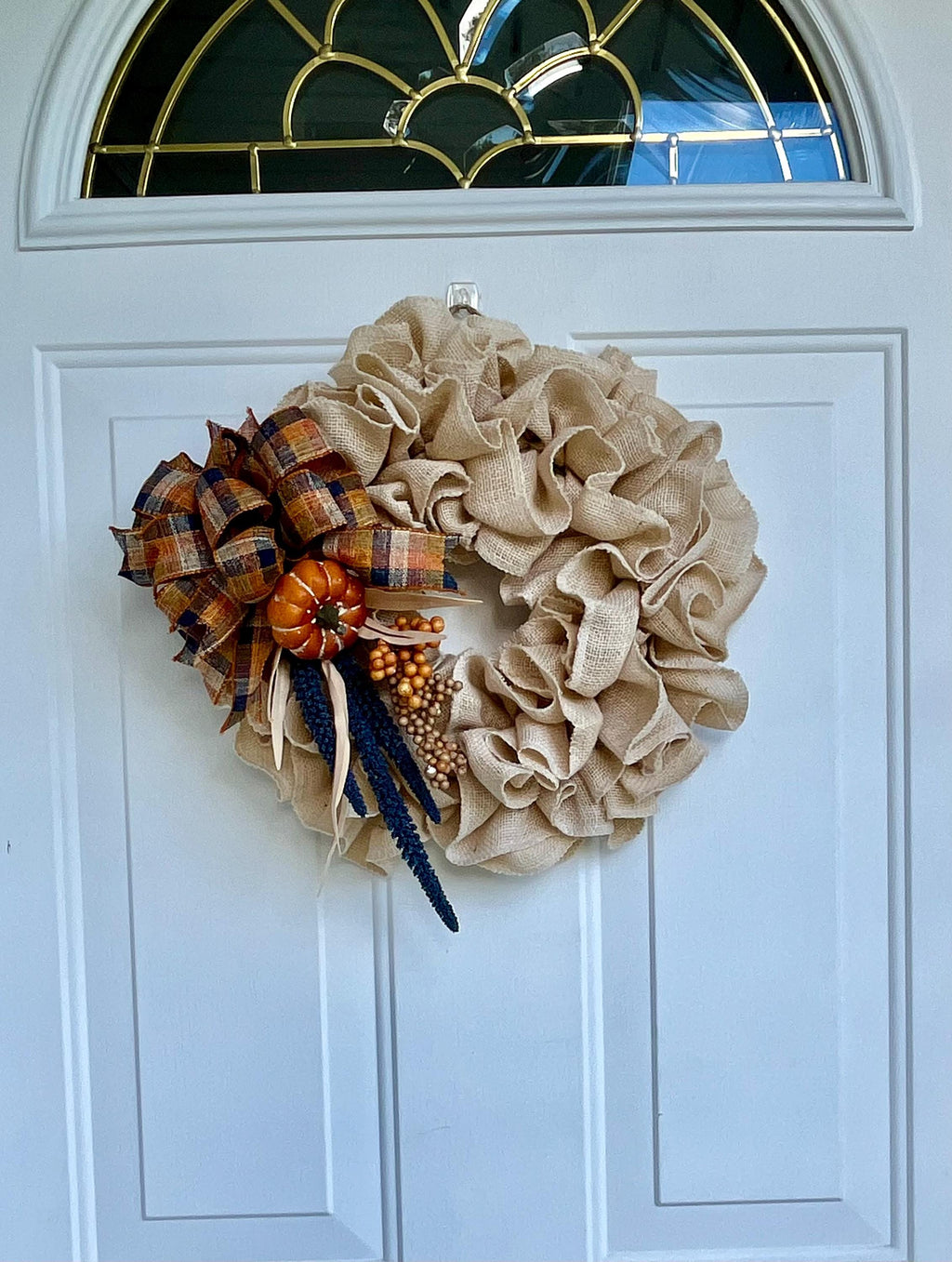 Fall Burlap Ruffled Wreath – Blue, Orange & White Ribbon with Berries, Pumpkin & Flowers