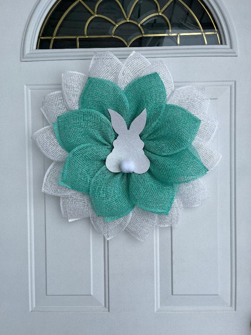 Handmade Easter Bunny Petal Wreath – Mint Green & White Burlap Door Décor