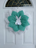 Handmade Easter Bunny Petal Wreath – Mint Green & White Burlap Door Décor