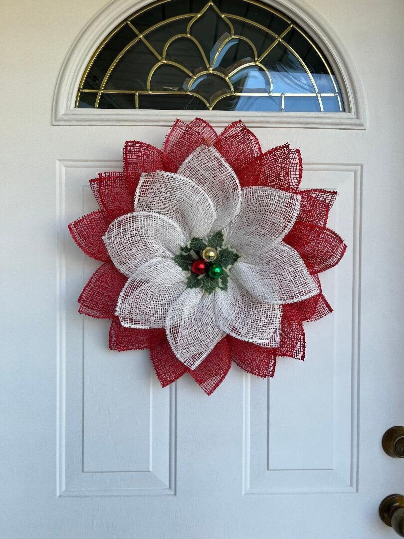 Christmas Petal Wreath – Red & White Door Décor with Holly & Ornaments