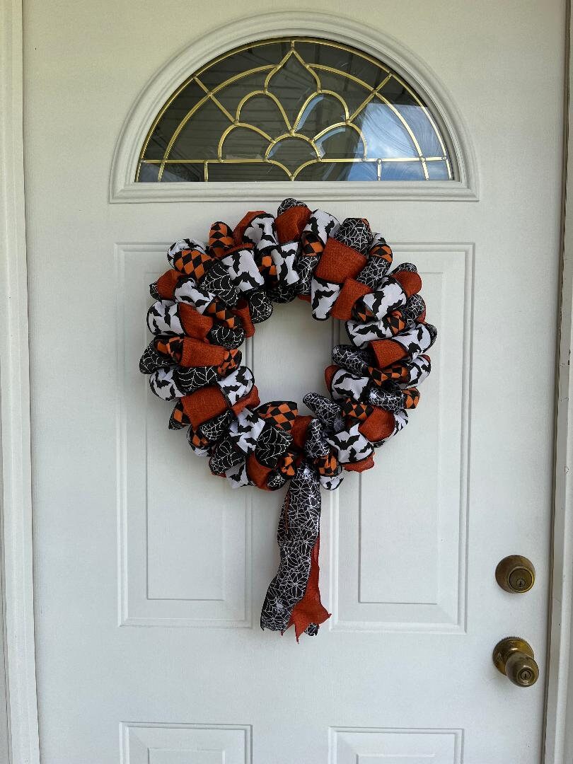 Handmade Halloween Ribbon Wreath – Orange, Black & White Wired Ribbon Front Door Décor