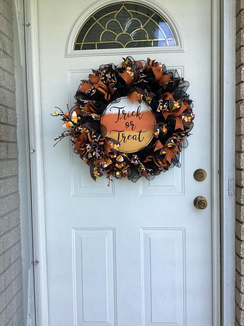 Halloween Trick or Treat Front Door Wreath – Orange, White & Black Deco Mesh Handmade Decor