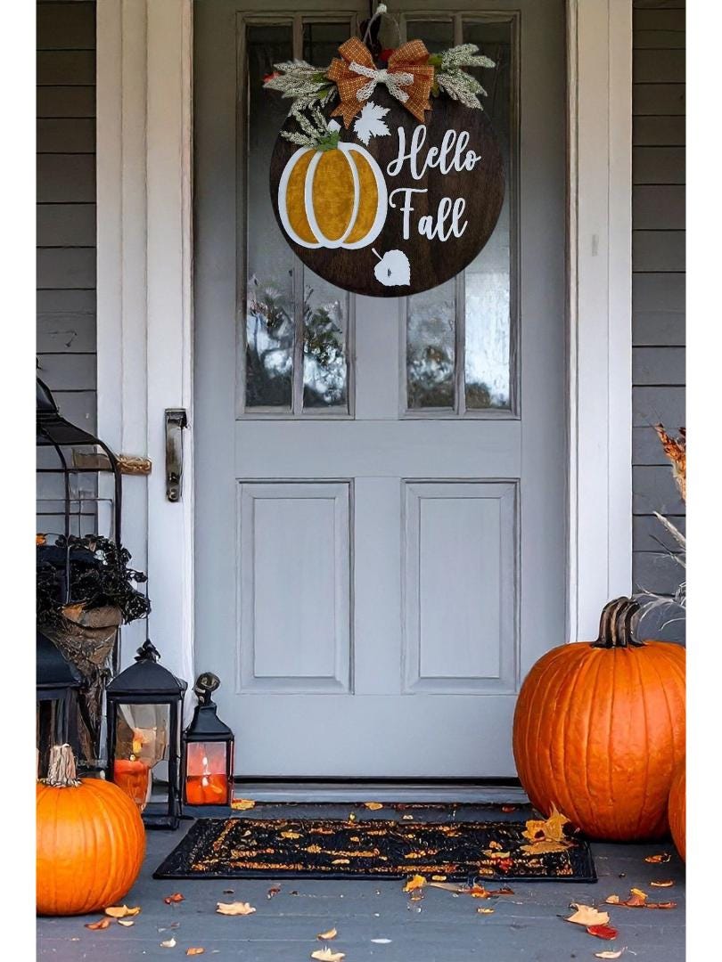Fall door wood sign: Pumpkin & Leaves Decor, Hello Fall