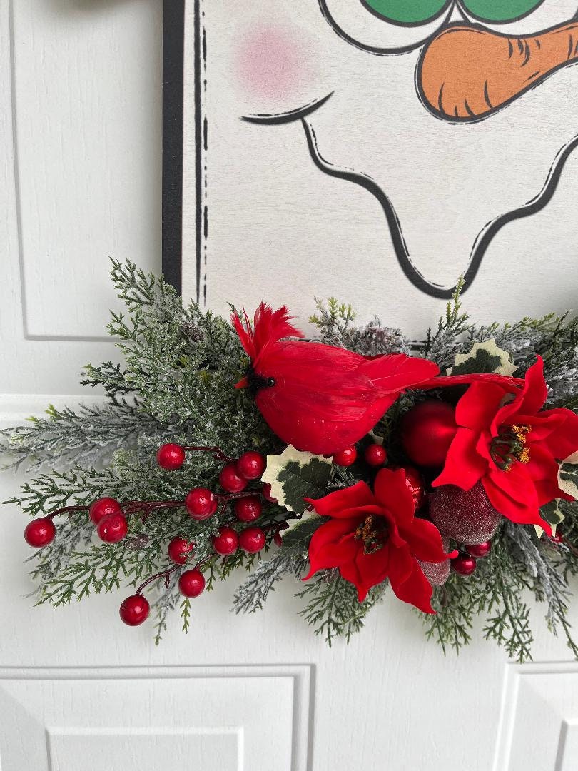 Snowman Christmas Door Sign: Holiday Cardinal Winter Decor