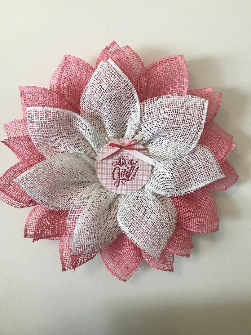Baby Girl Announcement Wreath: Pink & White Burlap Flower, Nursery Decor