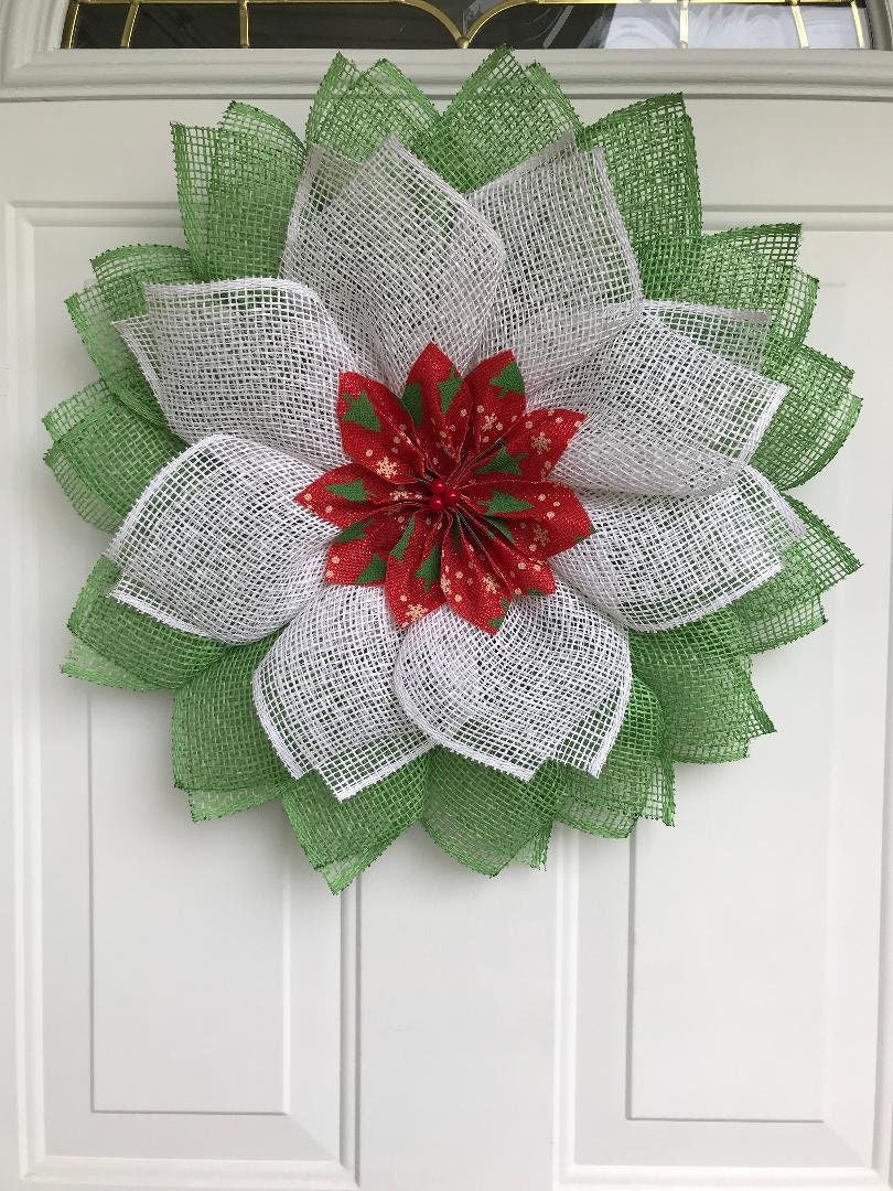 Christmas Poinsettia Wreath: Red, Green, White Poly Burlap