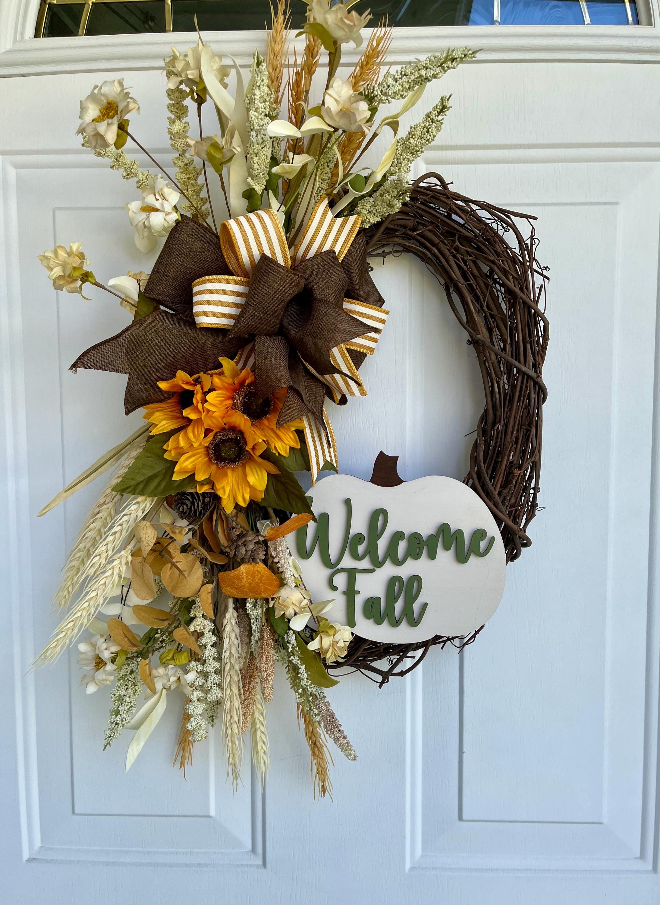Handmade Pumpkin Fall Front Door Wreath – Welcome Fall Laser-Cut Wood Sign, Oval Grapevine Autumn Decor