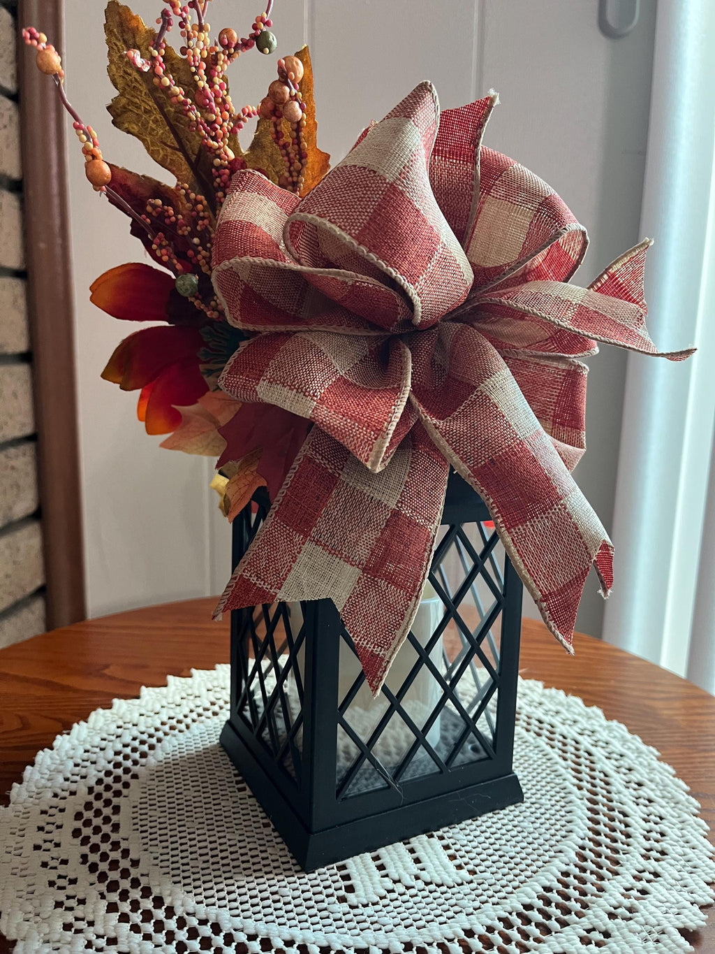 Fall Decorated Lantern: Faux Sunflower, Pine Cone, Flickering Light