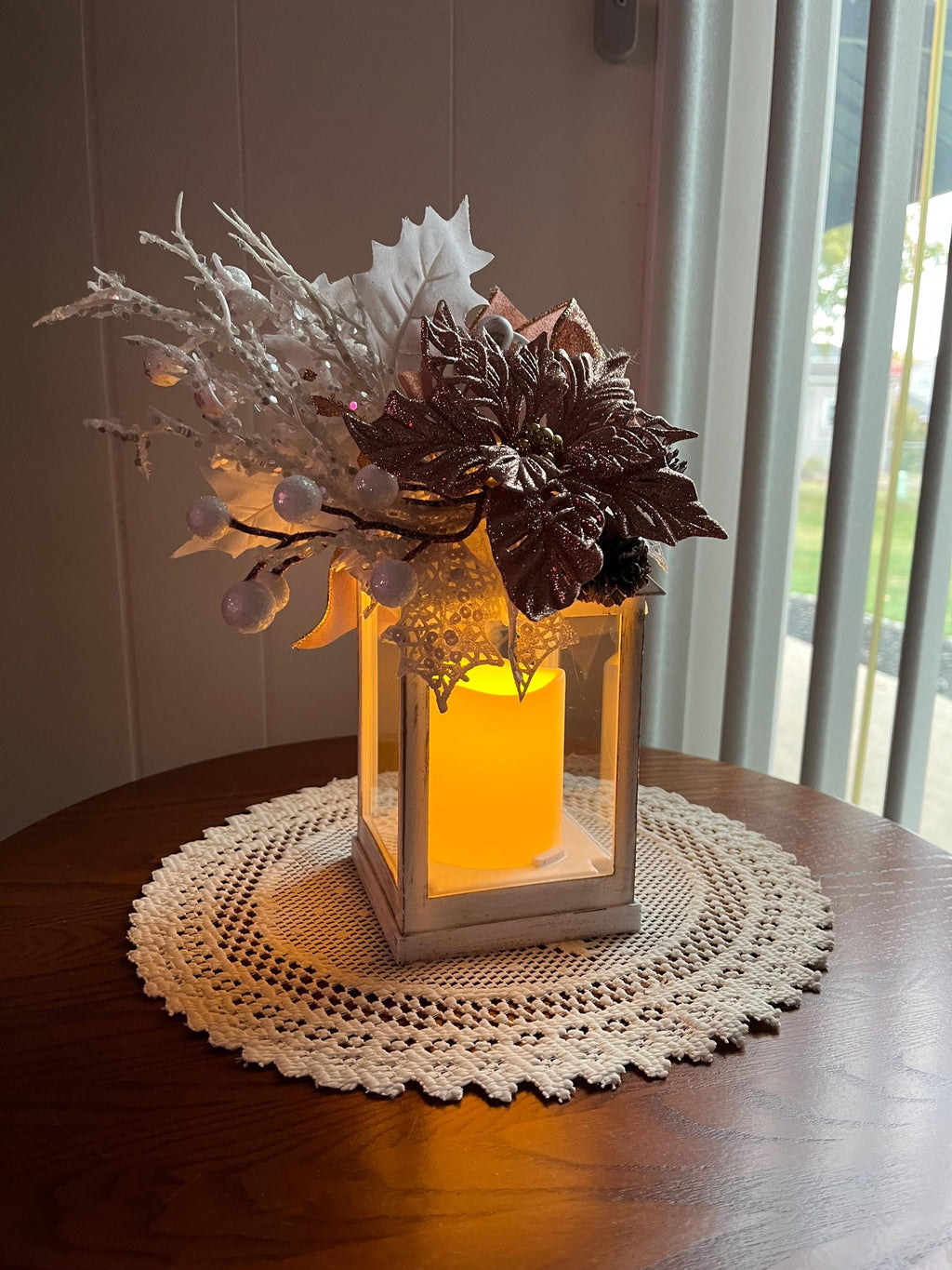 Christmas Decorated Flickering Candle Lantern – Pinkish Gold, White & Blush Holiday Décor