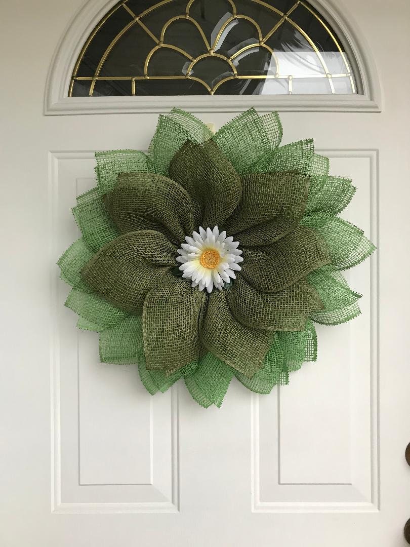 Handmade Daisy Petal Wreath – Green Burlap Spring & Summer Front Door Décor
