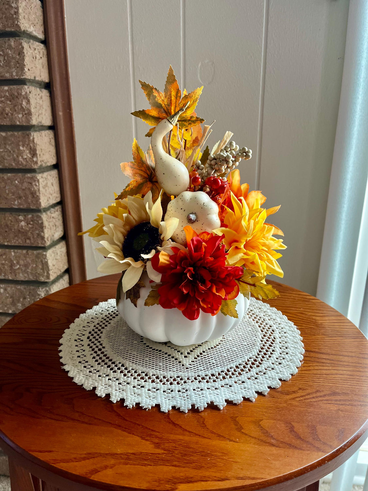 Handmade Fall Floral Centerpiece – Faux Flower & Pumpkin Decor, 28 Inch Orange & Yellow, Autumn Table or Mantel Display