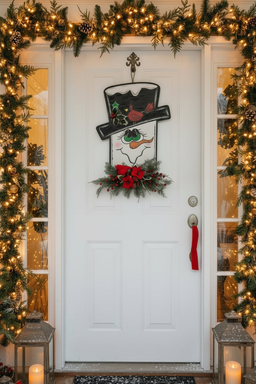 Snowman Christmas Door Sign: Holiday Cardinal Winter Decor