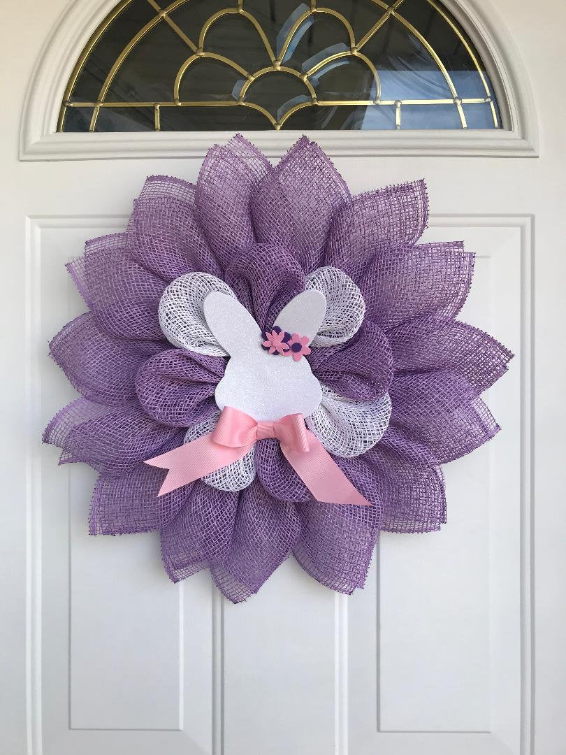 Handmade Easter Bunny Petal Wreath – Mint Green & White Burlap Door Décor