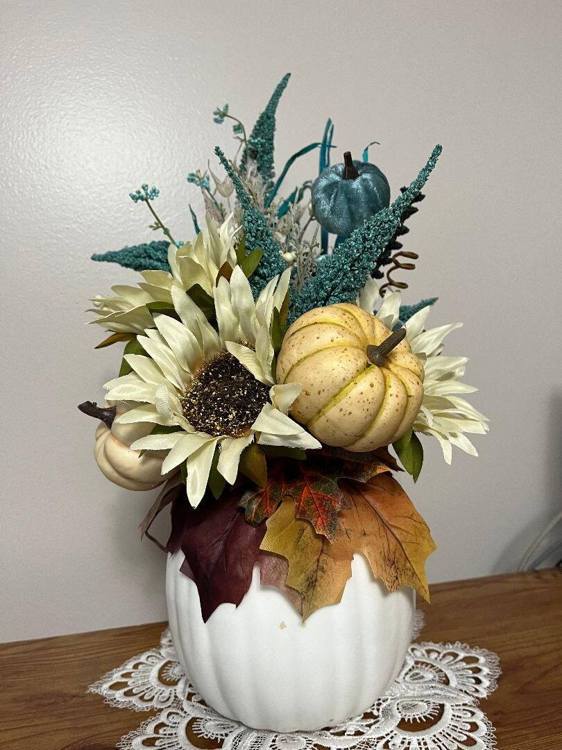 Fall Pumpkin Centerpiece | Turquoise & Beige Faux Floral | Autumn Table Decor